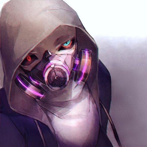 Hooded Sans (Undertale) fanart used as a forum avatar, wearing a glowing purple gas mask with one eye blue and the other red.