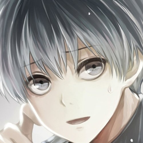 Forum avatar — close-up of Ken Kaneki as Haise Sasaki from Tokyo Ghoul:re, silver-gray hair, pale skin, large gray eyes and a gentle, slightly sad smile.