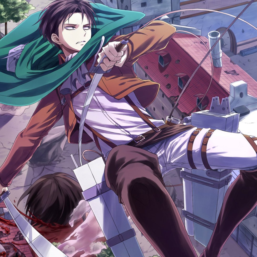 Forum avatar of Levi Ackerman (Attack on Titan) — anime-style action shot: Levi in green cloak and ODM gear, mid-air with blades drawn over a ruined city.
