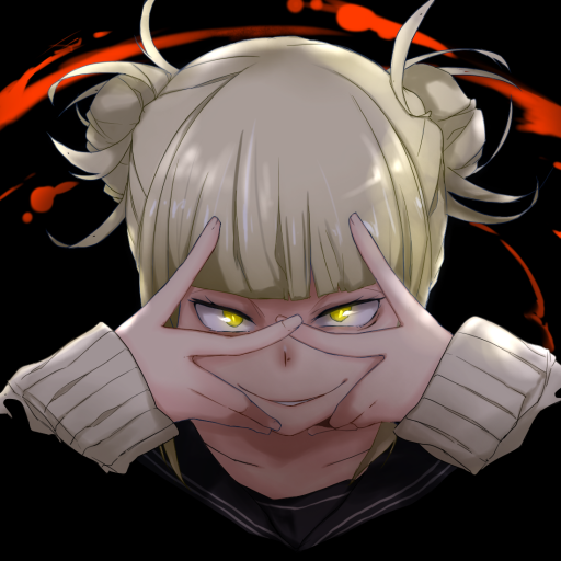 Forum avatar/pfp of Himiko Toga from My Hero Academia (anime): blonde twin buns, glowing yellow eyes, hands framing a sly grin against a dark backdrop with red splatters.