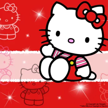 Anime-style Hello Kitty sitting against a red and pink background with sparkles and faded Hello Kitty outlines, used as a forum avatar/profile photo.