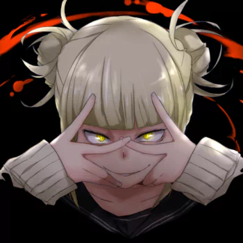 Forum avatar/pfp of Himiko Toga from My Hero Academia (anime): blonde twin buns, glowing yellow eyes, hands framing a sly grin against a dark backdrop with red splatters.