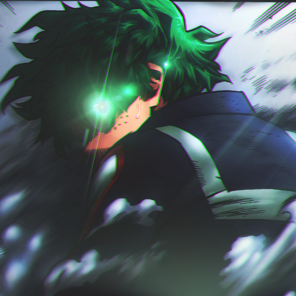 Forum avatar of Izuku Midoriya (My Hero Academia): green hair, freckles and glowing green eyes in a dramatic, shadowed anime profile.