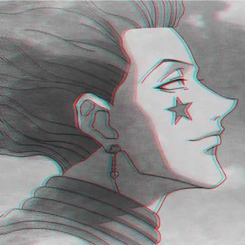 Forum avatar/profile photo of Hisoka from Hunter x Hunter — anime side portrait with star cheek mark, heart earring, and red-blue glitch effect.