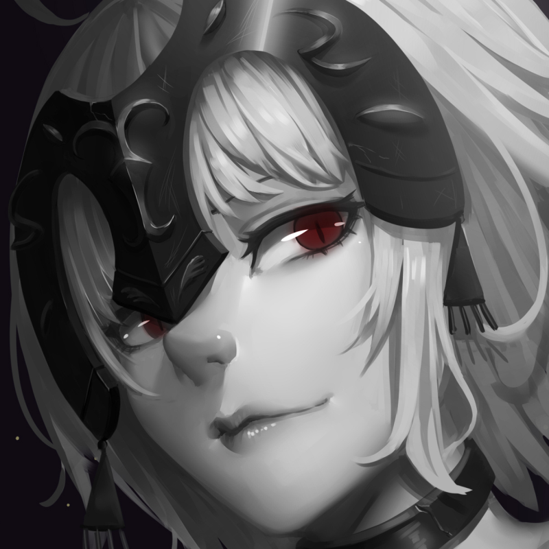 Monochrome anime forum avatar of Jeanne d'Arc Alter (Avenger, Fate/Grand Order): short white hair, red eyes, black ornamental helm and sly smile, close-up pfp.