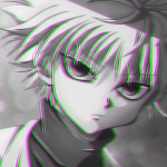 Forum avatar/pfp of Killua Zoldyck from Hunter x Hunter — close-up monochrome anime portrait with subtle cyan-pink chromatic aberration.