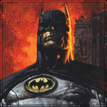 Forum avatar/profile photo of comic Batman: brooding, armored cowl and bat emblem against a fiery orange-red background.
