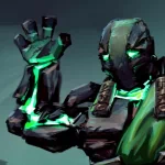 Close-up view of a Dota 2 character avatar featuring a green, glowing, armored figure.