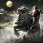 Fantasy warrior clad in dark armor wields a spear atop a horse under a full moon, evoking a powerful and mysterious aura in this striking forum avatar image.