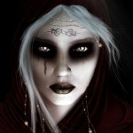 Dark-themed forum avatar of a woman with pale skin, haunting eyes, and intricate forehead markings, evoking a mysterious and eerie atmosphere.