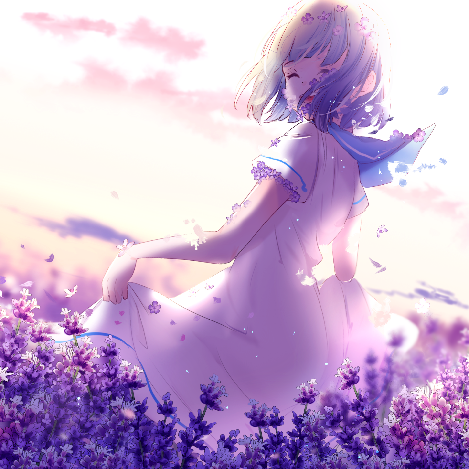 Download Flower Lavender Blue Hair White Dress Anime Original PFP