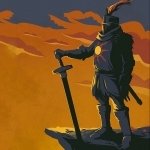 Dark Souls-style forum avatar: armored knight with glowing chest sigil, sword planted on a cliff against an orange, storm-tinted sky.