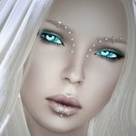 Fantasy elf forum avatar — close-up of a pale, white-haired elven face with glowing cyan eyes, dotted forehead markings, and glossy lips.