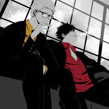 Haikyū!! anime forum avatar/pfp: two male characters by a window — blond with glasses in a suit and a relaxed dark-haired man in a red shirt.