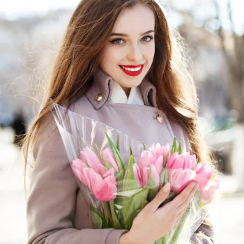 pink flower tulip bouquet hazel eyes brunette lipstick smile model woman PFP