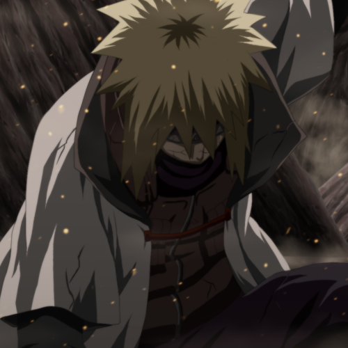 Forum avatar/pfp of Minato Namikaze (Naruto): anime-style close-up of him kneeling in a cloak, face partly shadowed, with glowing embers drifting around.