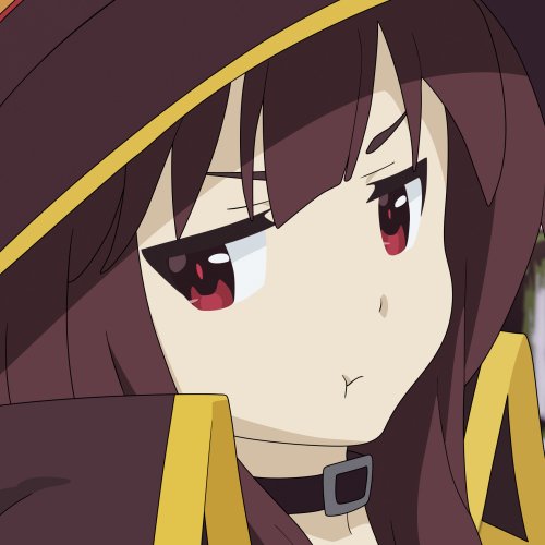Forum avatar close-up of Megumin (KonoSuba / KonoSubarashii Sekai ni Shukufuku wo!) pouting in her witch hat and cloak.
