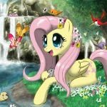 Forum avatar/pfp of Fluttershy (My Little Pony) from the TV show, a pastel-yellow pegasus with pink mane reclining by a waterfall, surrounded by butterflies and tiny birds.