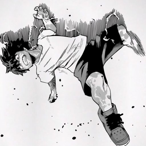 Black-and-white manga-style avatar of Izuku Midoriya from My Hero Academia in a dynamic pose with ink splatter effects, tagged with Gran Torino and anime themes.