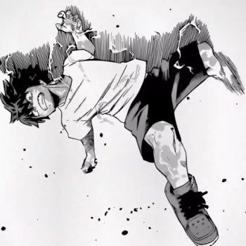 Black-and-white manga-style avatar of Izuku Midoriya from My Hero Academia in a dynamic pose with ink splatter effects, tagged with Gran Torino and anime themes.
