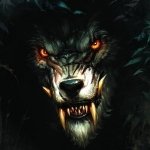 Dark, menacing werewolf with glowing orange eyes and sharp fangs, set against a shadowy background, designed as a fierce forum avatar.