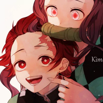 Forum avatar of Tanjiro Kamado smiling in front while Nezuko Kamado, bamboo muzzle in place, peeks over his shoulder; red eyes and warm Demon Slayer anime-style portrait.