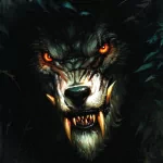 Dark, menacing werewolf with glowing orange eyes and sharp fangs, set against a shadowy background, designed as a fierce forum avatar.