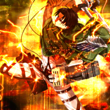 Forum avatar/pfp of Levi Ackerman (Attack on Titan) — anime-style action pose with ODM gear and blades drawn, green cloak amid fiery orange energy.