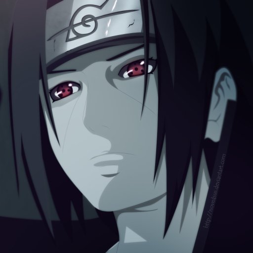 Forum avatar of Itachi Uchiha (Naruto) — close-up anime portrait with Konoha headband and crimson Sharingan eyes.