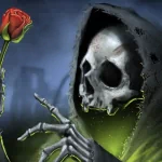 Dark skull forum avatar: hooded skeletal reaper with a glowing green mist, clutching a red rose — stylized pfp/profile photo.