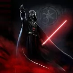 Dark Sith Lord wielding a red lightsaber stands amidst swirling red smoke, with a Star Wars emblem glowing faintly in the background, capturing iconic sci-fi intensity.