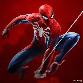 Forum avatar of Spider-Man (PS4 video game), crouched mid–web-swing in his red-and-blue suit against a bold red background.