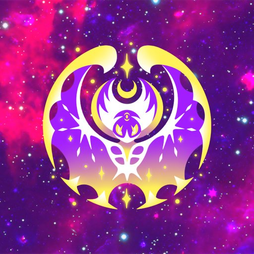 Stylized Lunala Pokémon emblem from the video game Pokémon: Sun and Moon — gold and purple bat-like design on a pink galaxy background, used as a forum avatar/pfp.