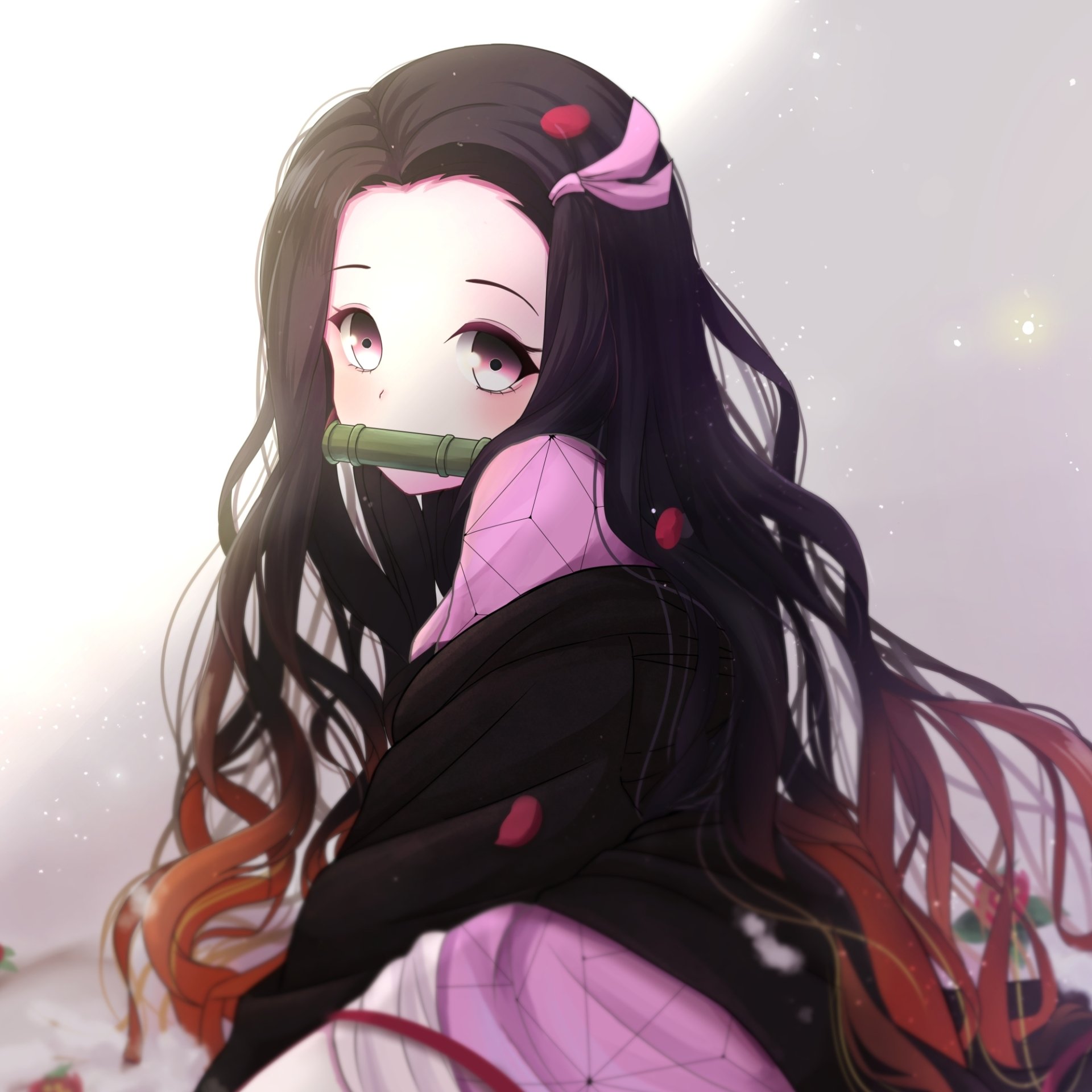 Nezuko Kamado (Demon Slayer: Kimetsu no Yaiba) profile avatar: soft portrait with bamboo muzzle, long dark hair tipped orange, wearing a pink kimono with falling petals.