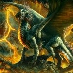 Fantasy dragon with glowing orange veins and expansive wings amid molten skies, rendered as a dramatic forum avatar/pfp.