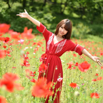red flower flower summer poppy smile brown eyes brunette red dress asian model woman PFP
