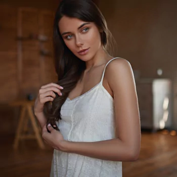 model black hair blue eyes white dress woman PFP