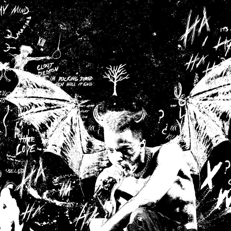 Black-and-white high-contrast forum avatar of a musician performing, with drawn demonic wings and graffiti-style scribbles — raw, aggressive music-themed profile photo.