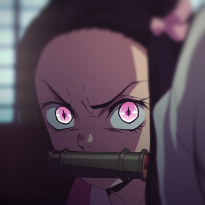 Close-up of Nezuko Kamado from Demon Slayer: fierce pink eyes, bamboo muzzle, and an intense, determined expression used as a forum avatar.
