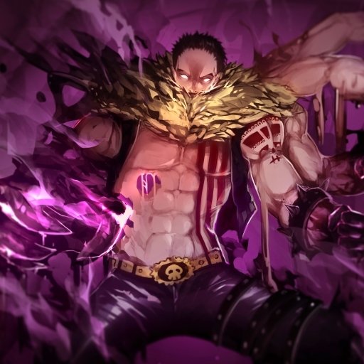Forum avatar/pfp of Charlotte Katakuri (One Piece) — anime-style portrait: muscular, spiked-scarfed fighter with glowing eyes and purple energy swirling around his hands and torso.