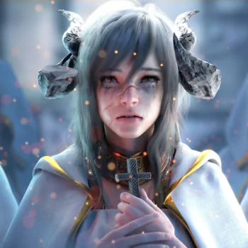 orange eyes tears horns scar cross grey hair demon fantasy PFP