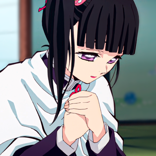 Forum avatar (Demon Slayer: Kimetsu no Yaiba) — Kanao Tsuyuri close-up in anime style, purple eyes, black hair with ribbon, hands clasped and looking down.