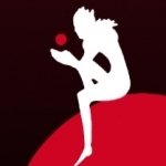 White anime silhouette with spiky hair seated on a red sphere, holding a red apple — Death Note forum avatar/pfp.