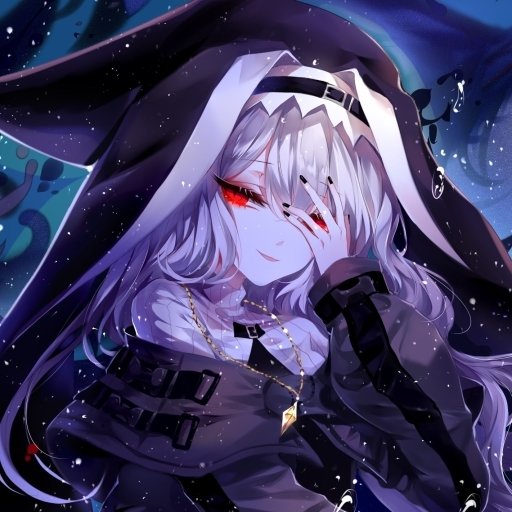 Arknights forum avatar/pfp: pale silver-haired character in a dark hooded cloak, one glowing red eye visible as a hand partly covers the face, gold pendant and starry blue background.
