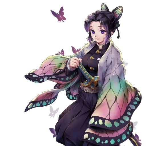 Anime-style avatar of Shinobu Kochou from Demon Slayer: Kimetsu no Yaiba, featuring her butterfly-themed haori and delicate sword with purple butterflies around.