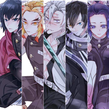 Anime forum avatar featuring Demon Slayer: Kimetsu no Yaiba—vertical slice portraits of Sanemi Shinazugawa, Obanai Iguro, Kyojuro Rengoku, Giyuu Tomioka and Shinobu Kochou.