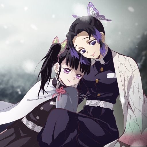 Forum avatar of Kanao Tsuyuri and Shinobu Kochou from Demon Slayer: Kimetsu no Yaiba — anime-style portrait, Shinobu leaning on Kanao, butterfly motifs.