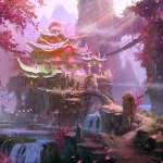 Forum avatar/pfp/profile photo: fantasy landscape of a tiered glowing temple amid pink trees and cascading waterfalls, shrouded in mist for a dreamy, otherworldly atmosphere.