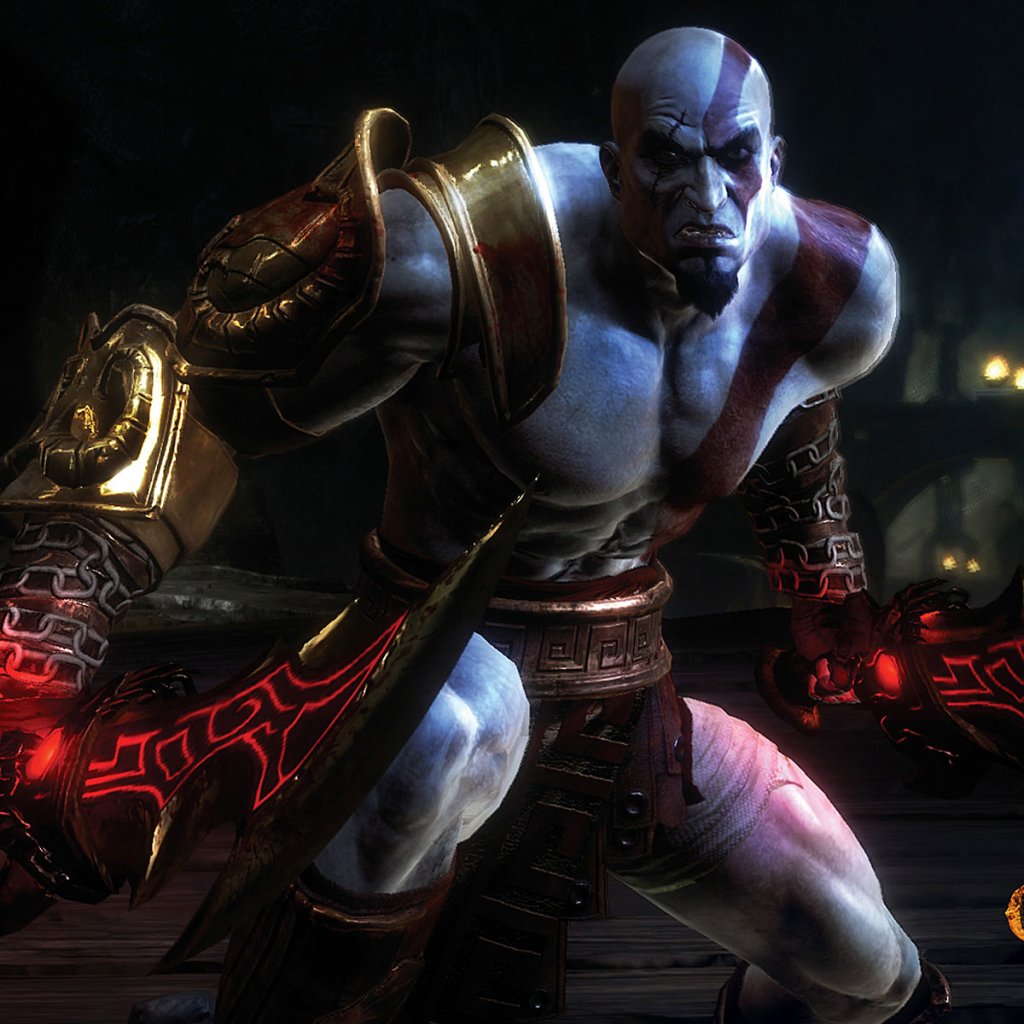 Forum avatar of Kratos (God of War III): muscular ash-white warrior with red tattoo and glowing blades, posed in a dark, fiery video game scene.