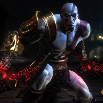 Forum avatar of Kratos (God of War III): muscular ash-white warrior with red tattoo and glowing blades, posed in a dark, fiery video game scene.